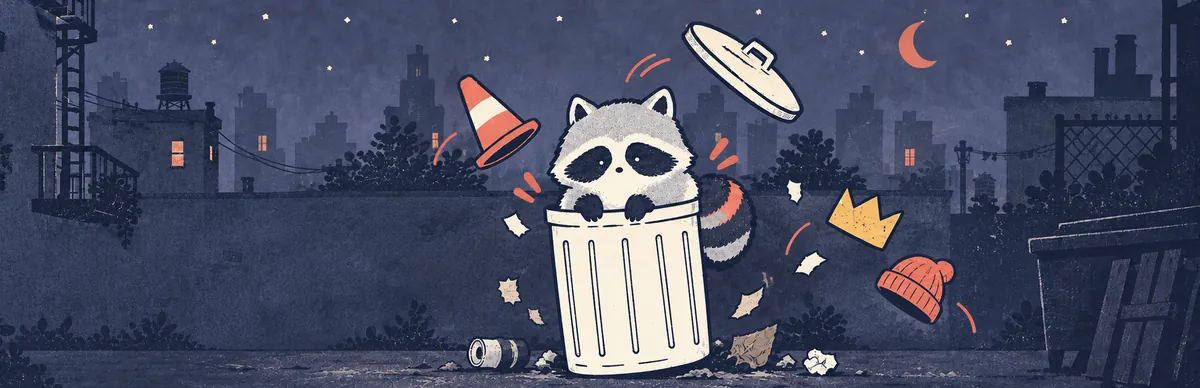 Dumpling the raccoon pops out of a trash can in a city alley at night. The lid, a traffic cone, a paper crown and a beanie fly off around him.