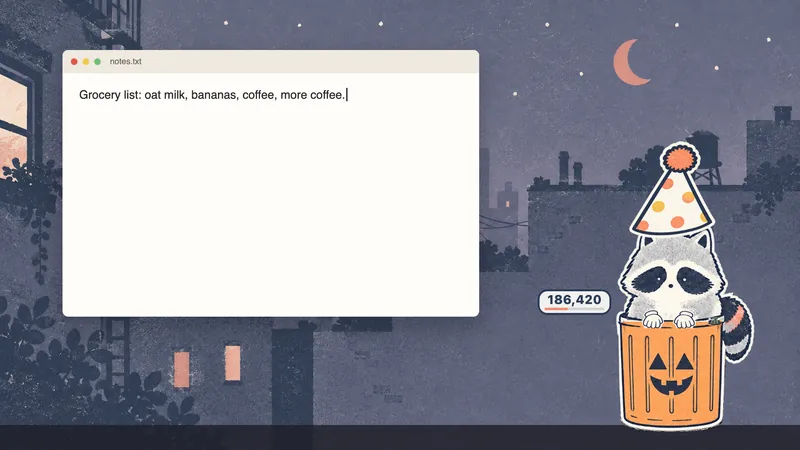 Dumpling in a party hat sits in an orange pumpkin can beside a notes window. A counter shows his total taps.