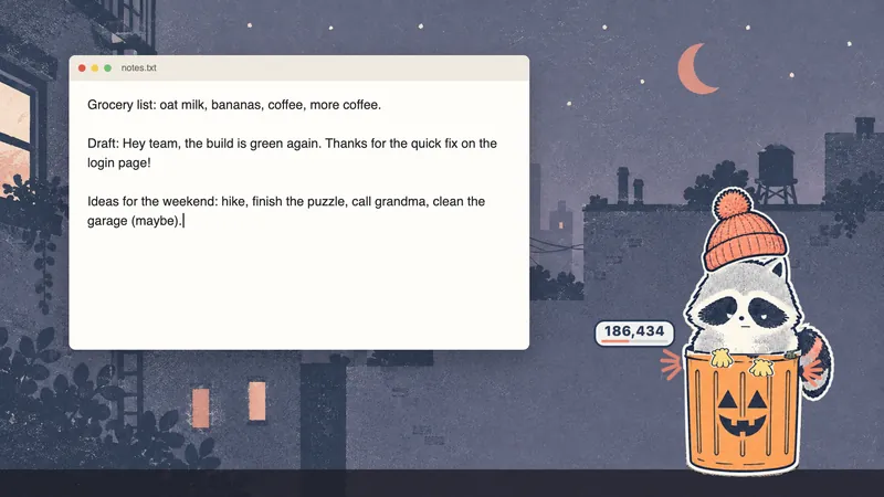 Dumpling in an orange beanie bangs the rim of his can while text is typed in a notes window.
