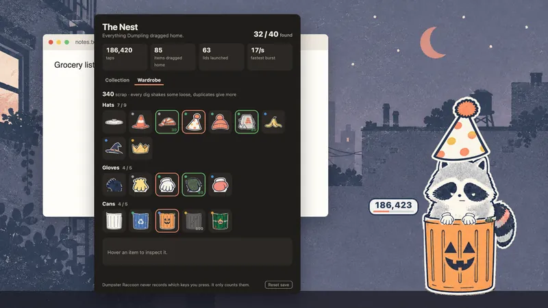 The Nest window shows tap and launch totals and a wardrobe of hats, gloves and cans.