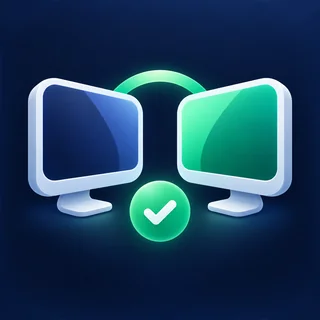Two monitors joined by a green arc, with a check mark between them.